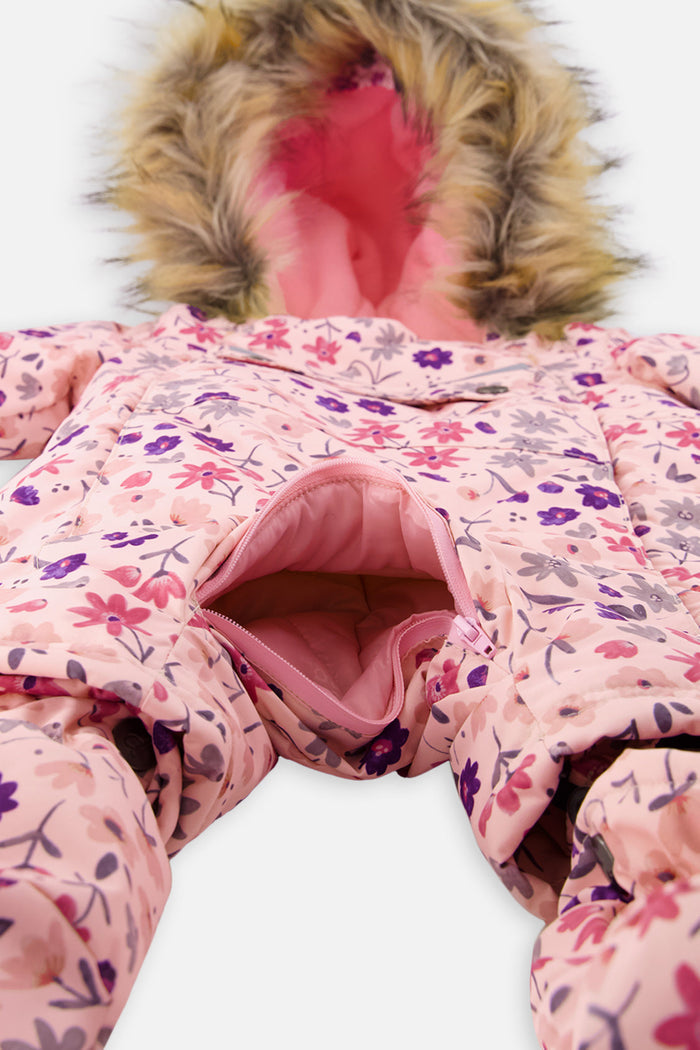 Crotch zipper opened for the car seat buckle on the pink mini flower print baby snowsuit