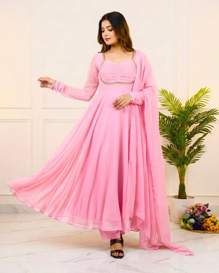 Baby Pink Color Pure Blooming Georgette Anarkali Suit