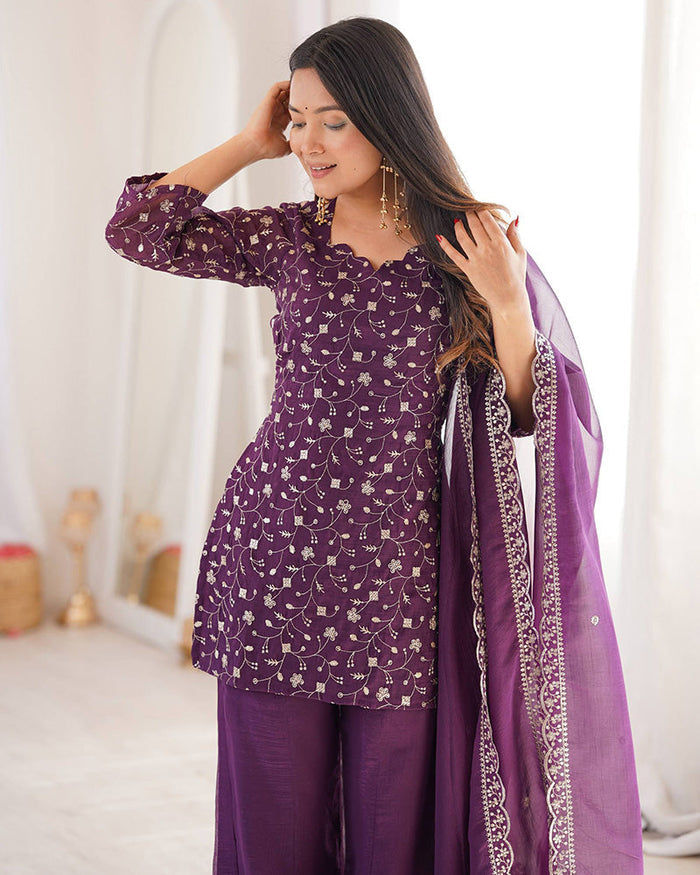 Dusty Mauve Color Crunchy Silk Embroidered Plazzo Suit