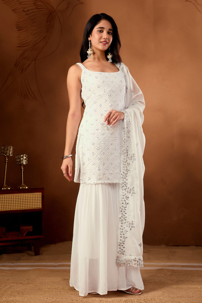 Elegant White Embroidered Designer Sharara Suit Set & Kurta Sets