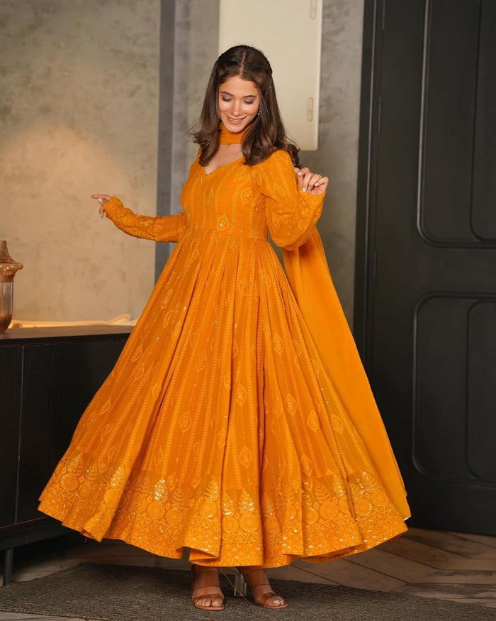 Embellished Mustard Color Sequence Work Gown