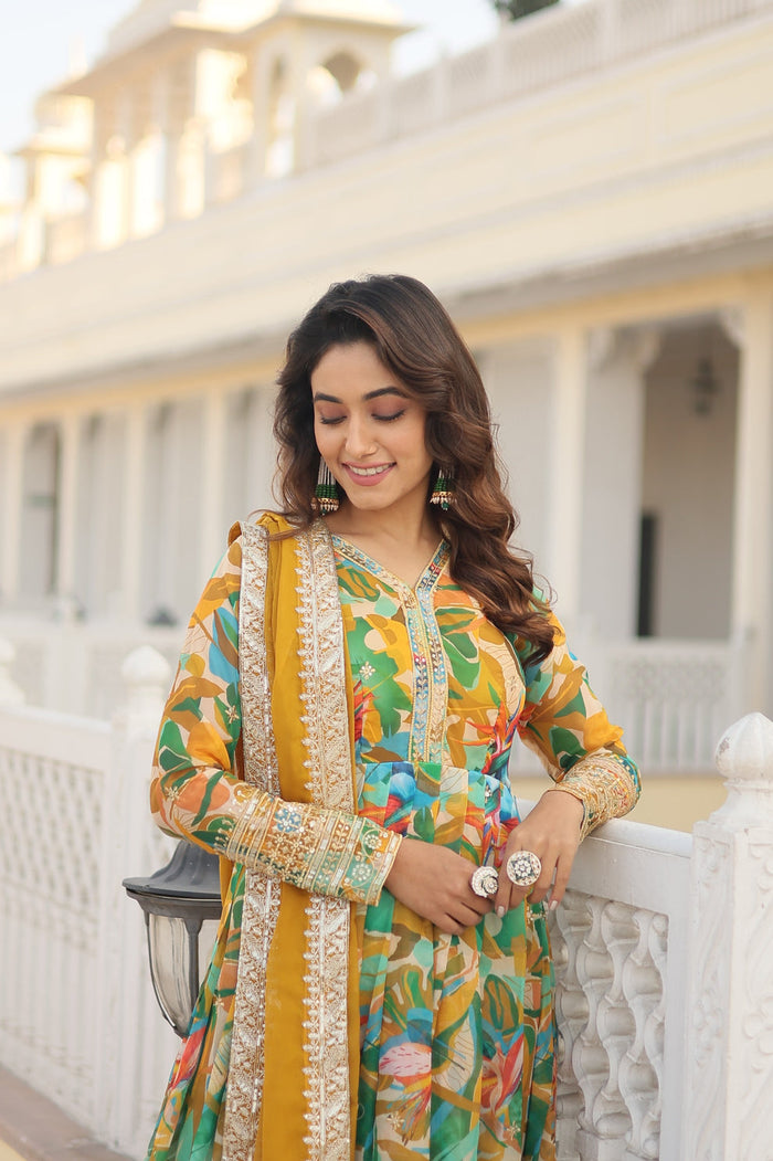 Eyes Catching Multi Digital Printed Yellow Anarkali Gown