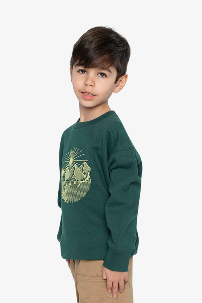 Child in the Deux par Deux green fleece crewneck sweatshirt, second view