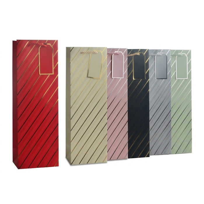 Giftrite 14" x 5" x 3.5" Metallic Foil Diagonal Stripe Wine & Bottle Gift Bags with Handles & Gift Tags (Assorted 6 Colors) | Wholesale