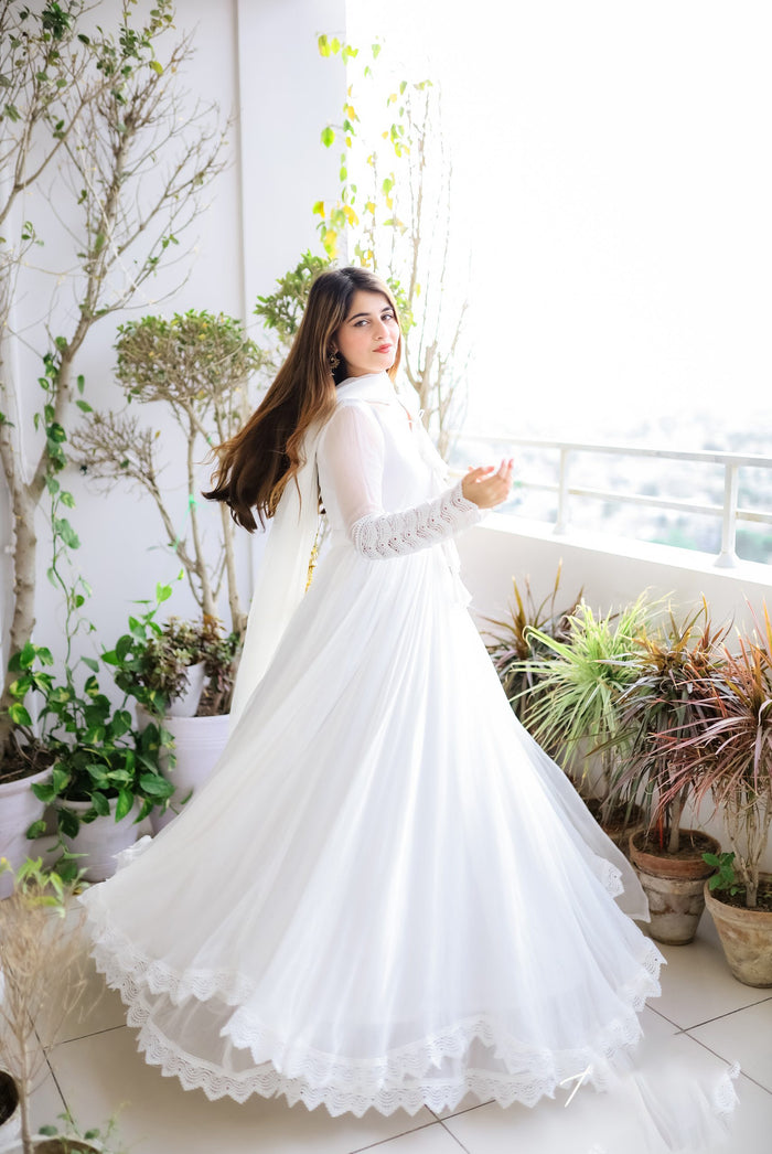 Glorious White Color Lace Work Lovely Long Gown