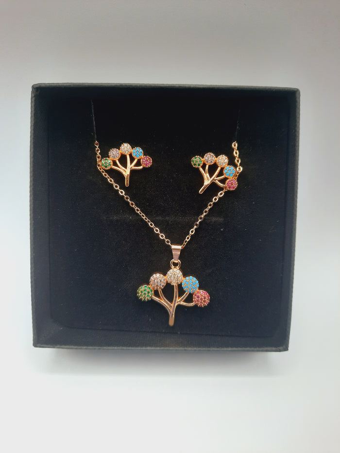 Gold plated multi colored tree of colors pendant and earrings set - NATASHAHS