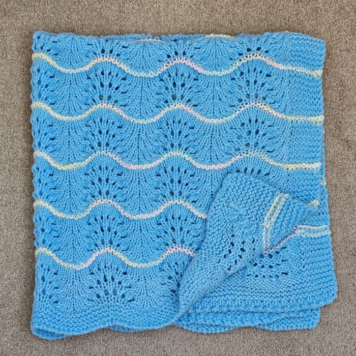 Hand Knitted Baby Blanket - Wave Pattern Blue with Mulit-Colored Trim
