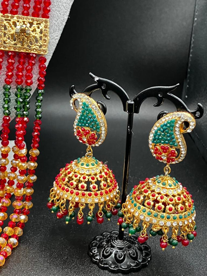 Hyderabadi style Red & Green jewelry set with jhumka and maala long necklace - NATASHAHS