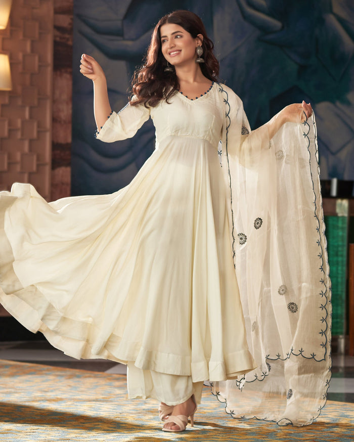 Kalakriti Blue Cream Embroidered Anarkali Suit Set