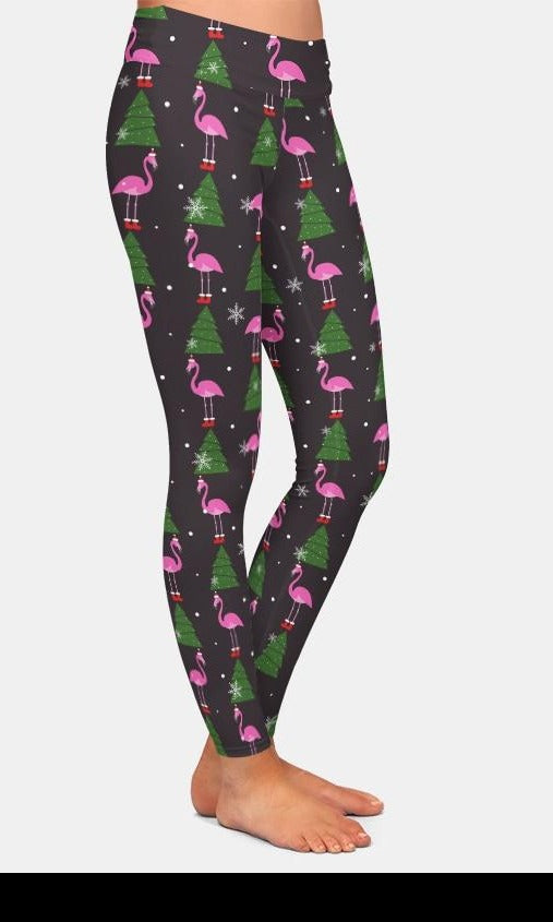 Ladies Gorgeous Christmas Flamingos With Presents, Trees & Santa Hats Leggings