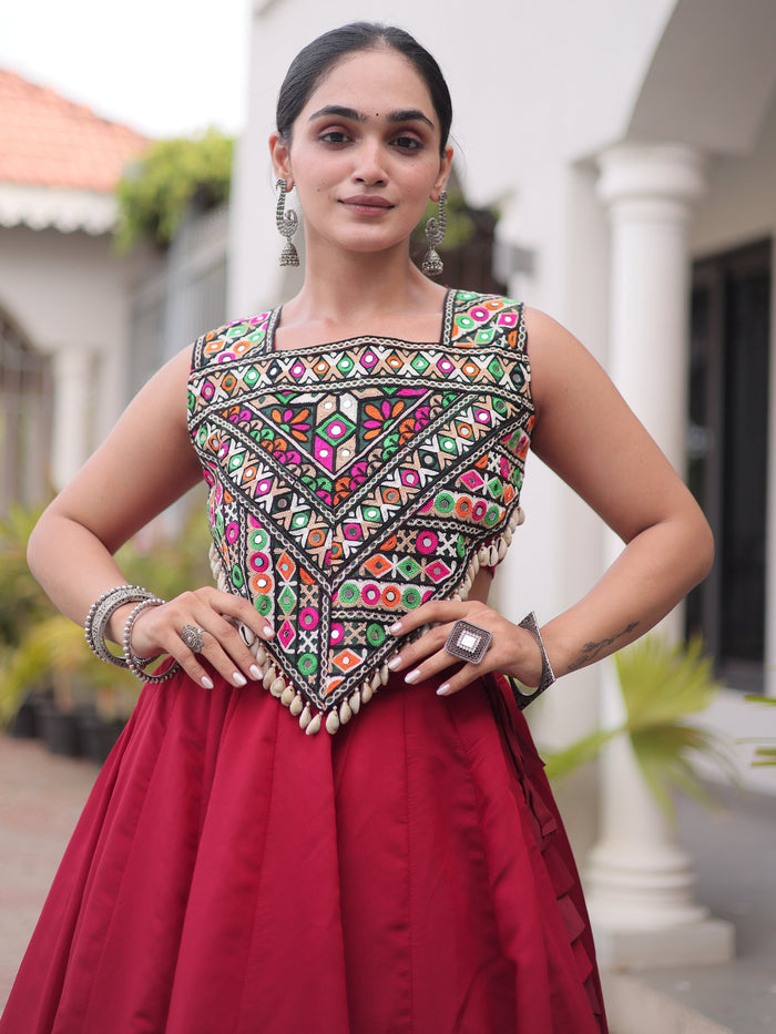 Maroon Silk Navratri Wear Lehenga With Gamthi Work Choli