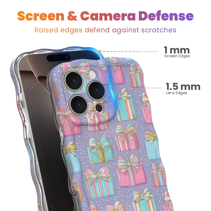 No Peeking, Darling iPhone case with 1 mm raised screen edges and 1.5 mm raised camera lens edges, pastel gift boxes with gold-edged bows