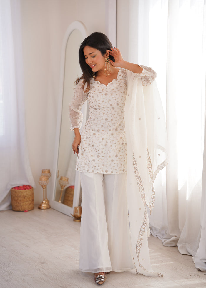 Off-White Color Crunchy Silk Embroidered Plazzo Suit