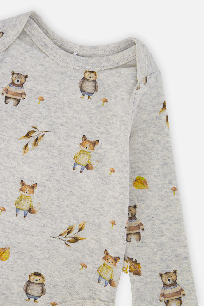 Close-up detail of the Deux par Deux organic cotton onesie in beige woodland animal print, view 5