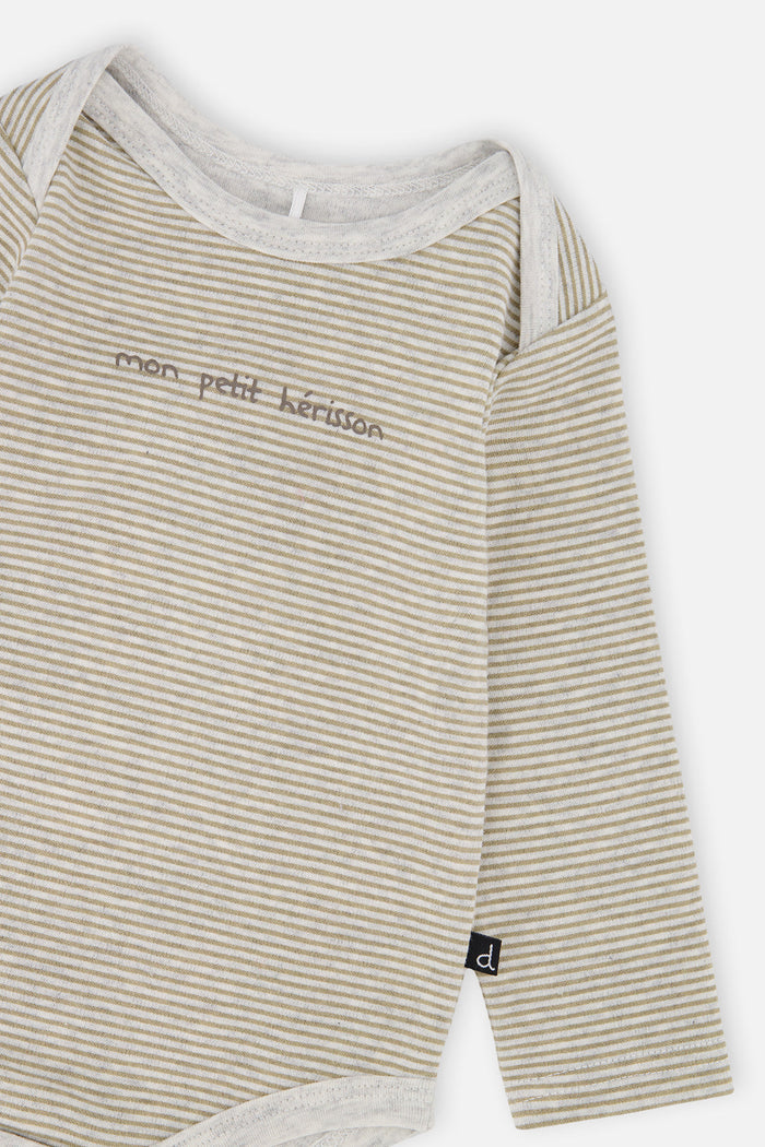 Close-up detail of the Deux par Deux organic cotton baby onesie in brown and off-white stripes, view 4
