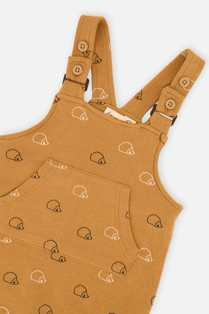 Close-up detail of the Deux par Deux organic cotton set with black onesie and brown hedgehog-print overalls, view 5