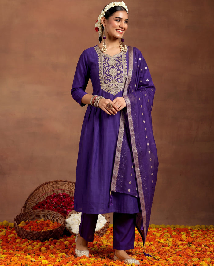 Purple Embroidered Kurta Set with Dupatta
