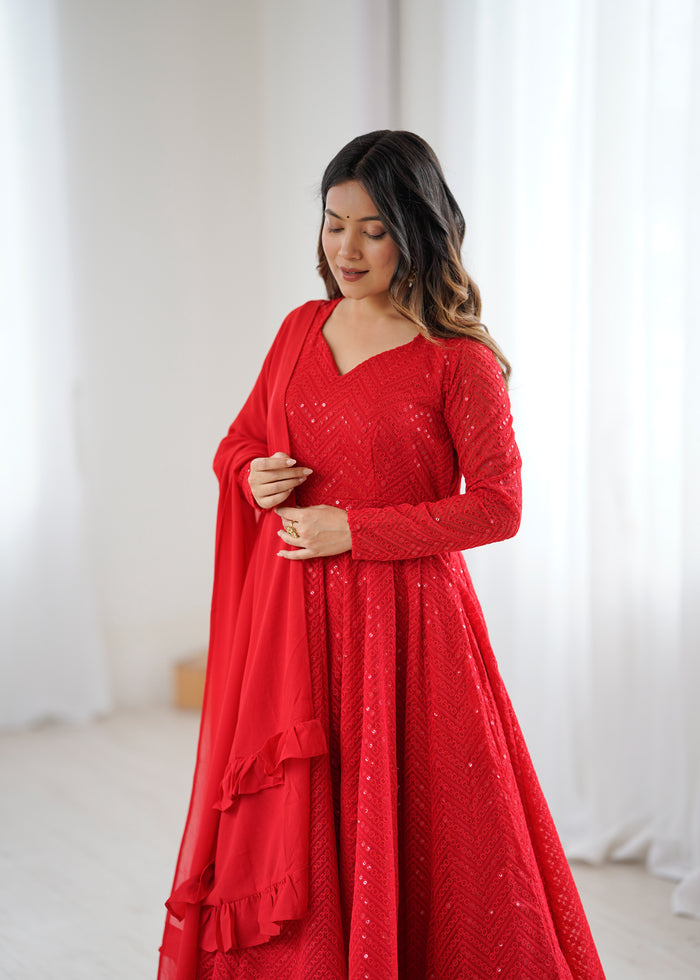 Red Color Georgette Lucknowi Three Piece Anarkali Suit