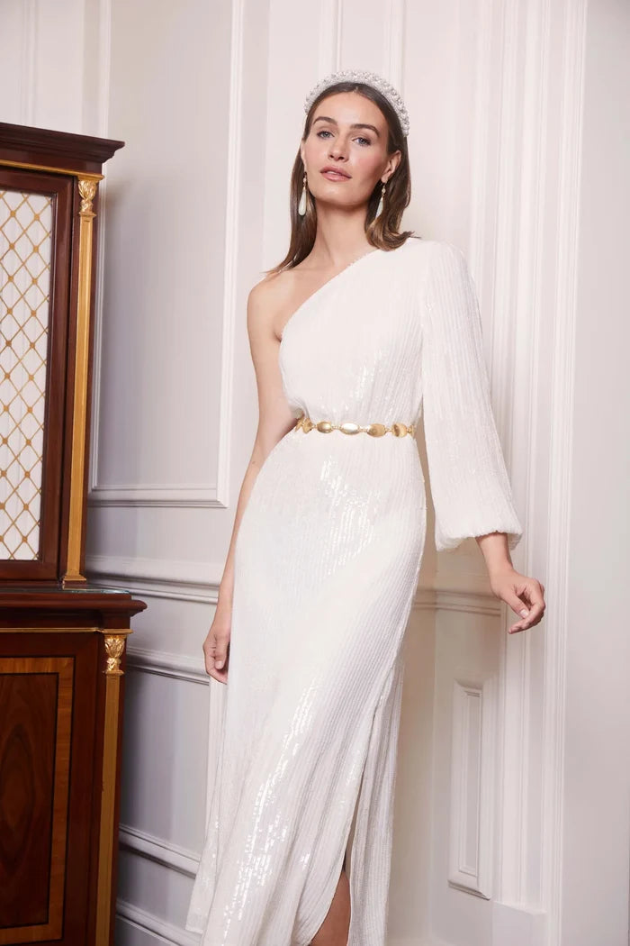 Rixo Bridal White Bradshaw Sequinned Midi Wedding Dress