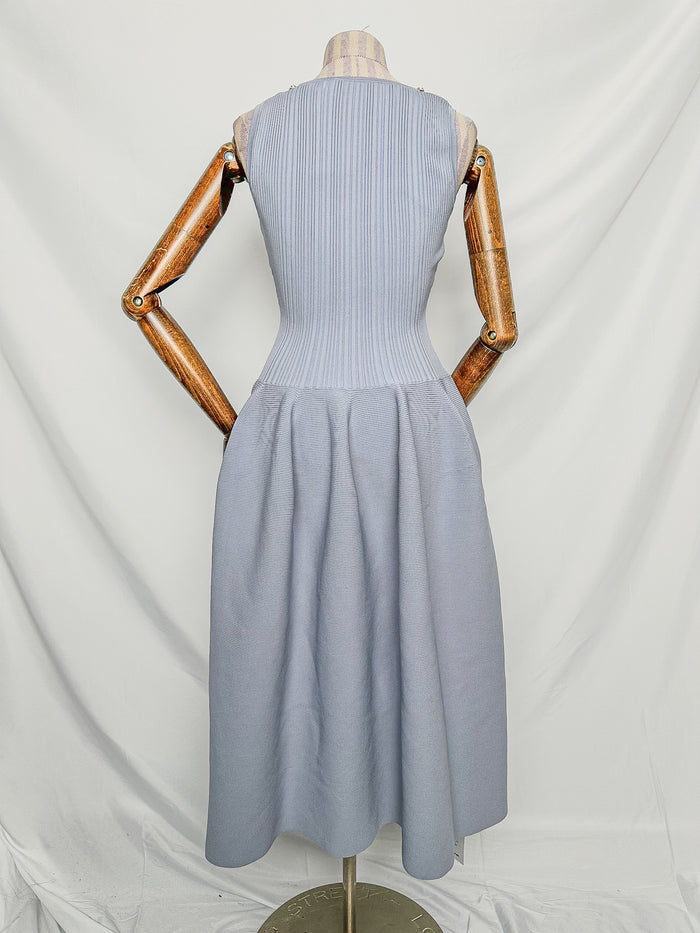Self-Portrait Light Blue Crystal Embellished Ribbed Stretch Knit Midi Dress