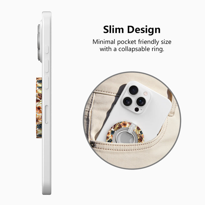 Slim design graphic for the Sienna Petals MagSafe grip ring, showing the low-profile collapsible ring sliding into a pocket.