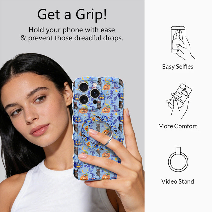 Get a grip graphic for The Bewitching Hour MagSafe grip ring, a hand holding a phone one-handed with the finger through the rotating ring.
