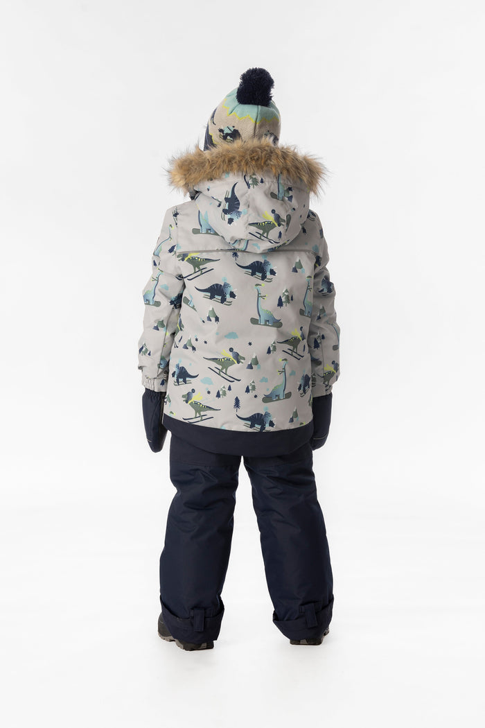 Child wearing the grey dinosaur print Deux par Deux DISCOVER snowsuit, back view