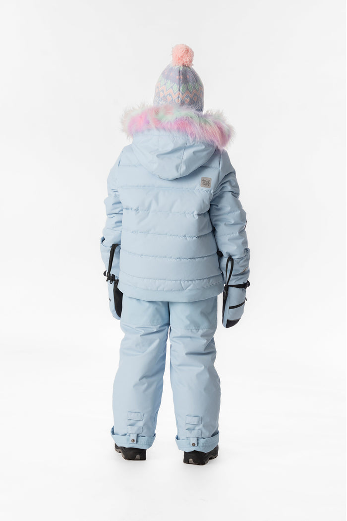 Child wearing the light blue Deux par Deux PLAY snowsuit, back view