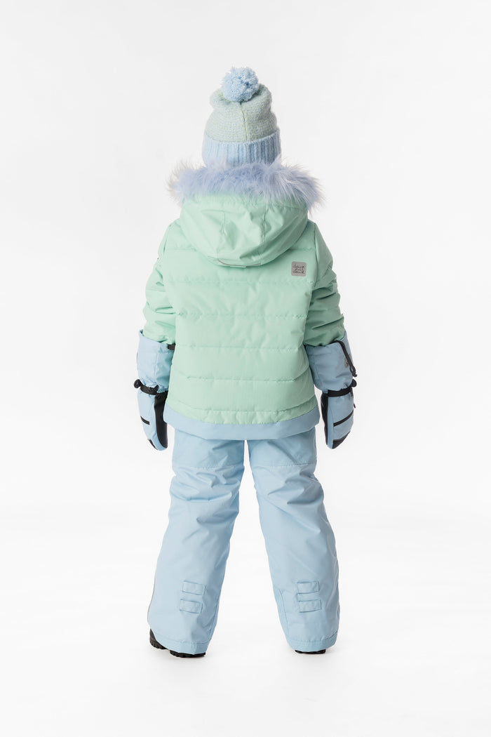 Child wearing the mint green and light blue Deux par Deux PLAY snowsuit, back view