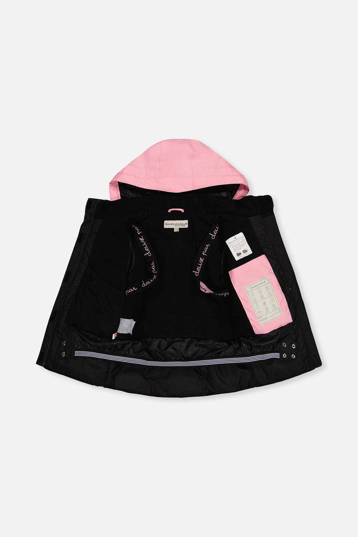 Deux par Deux pink and black TEKNIK snowsuit jacket open to show the lining