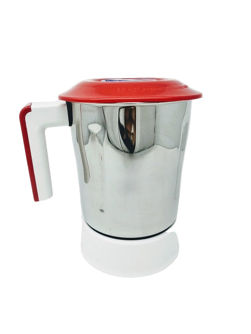 A white and silver food mixer with a clear jar and a red handle.