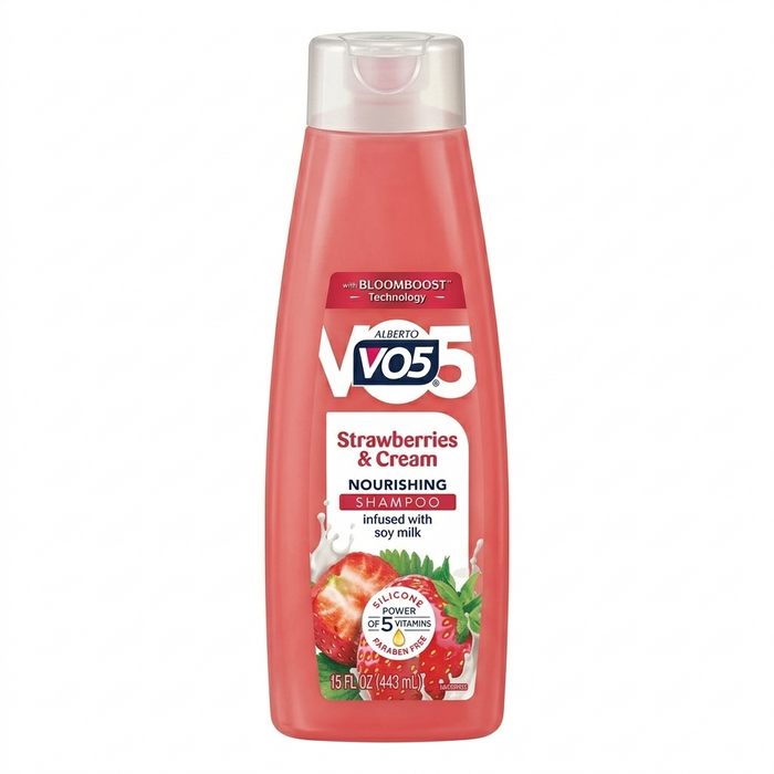 VO5 Strawberries & Cream shampoo bottle on a white background