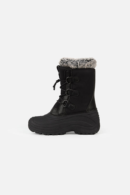 Deux par Deux black kids' winter boots with removable liner, single boot, opposite side view