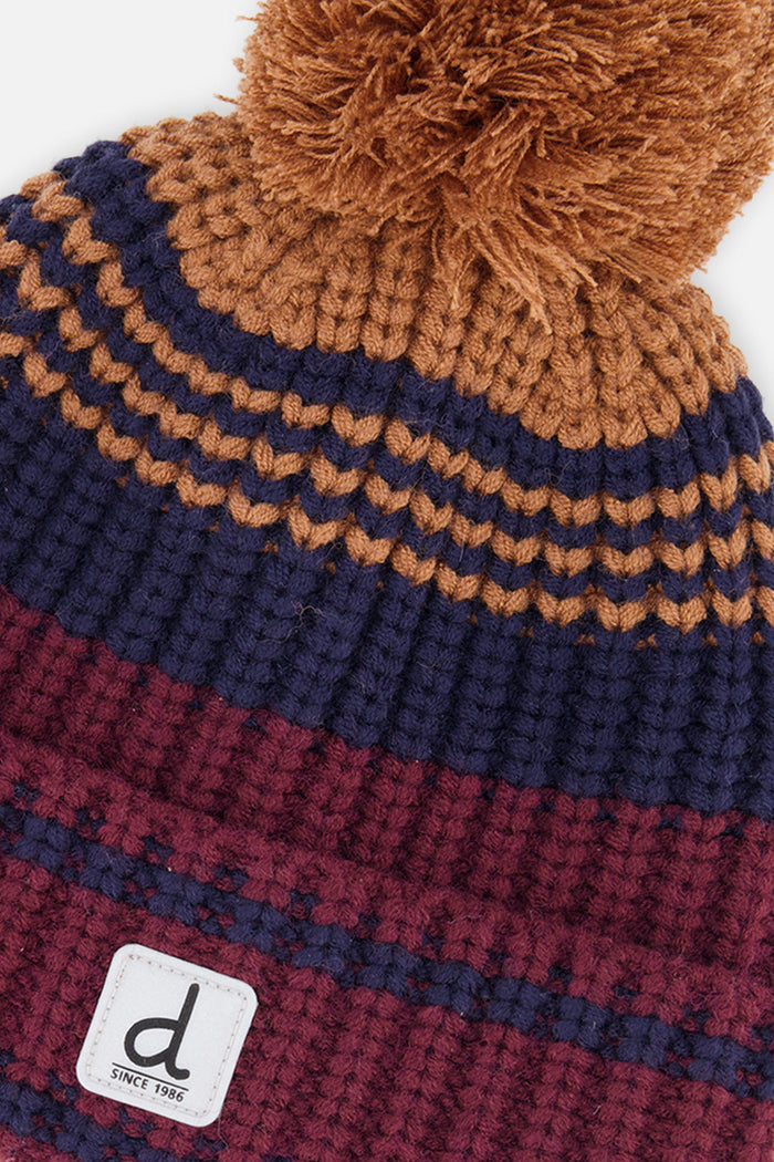 Deux par Deux boys' striped jacquard pompom hat in burgundy and brown – alternate view
