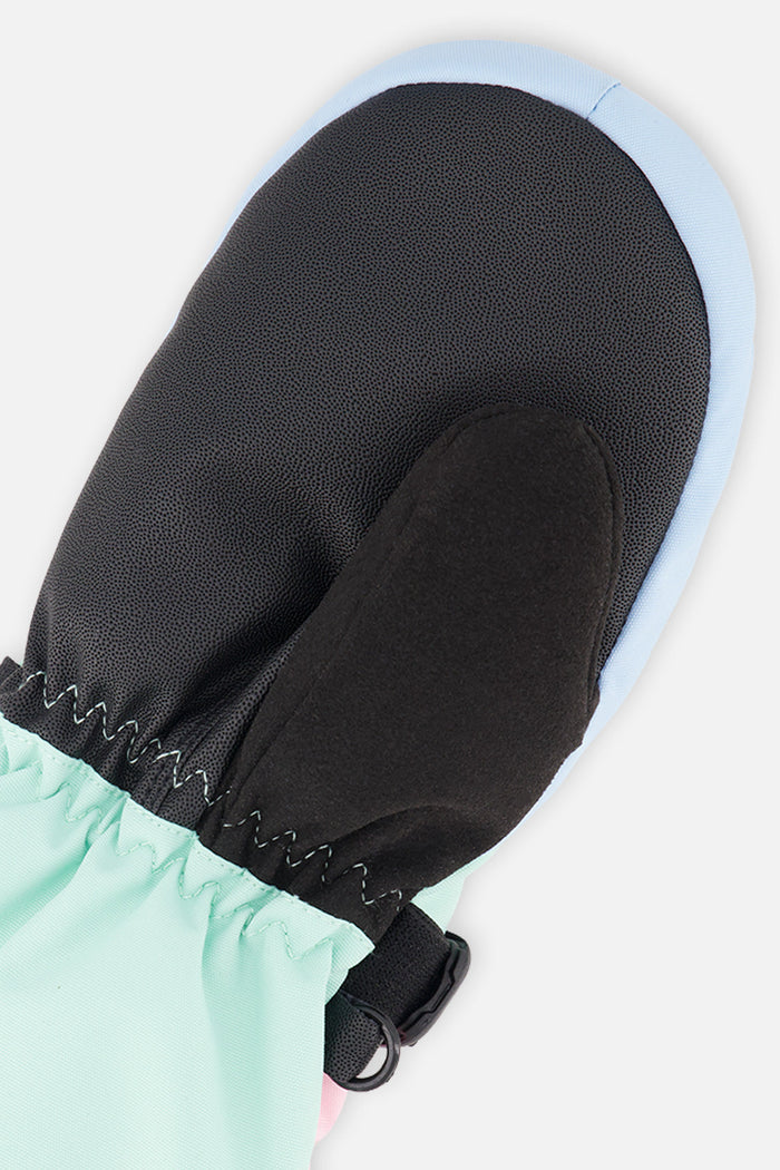 Deux par Deux Teknik kids' mittens in mint green – palm close-up