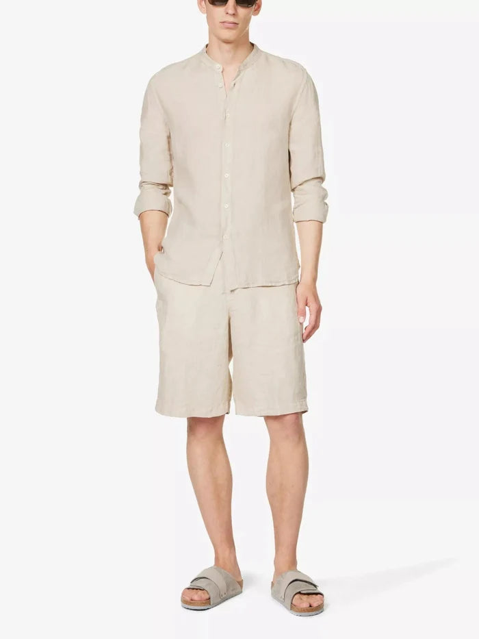 120% LINO Beige Linen Bermuda High Rise Shorts - House Of Huntington