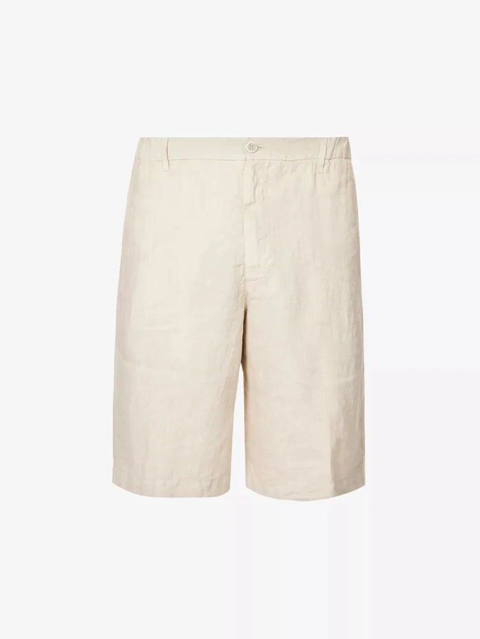 120% LINO Beige Linen Bermuda High Rise Shorts - House Of Huntington