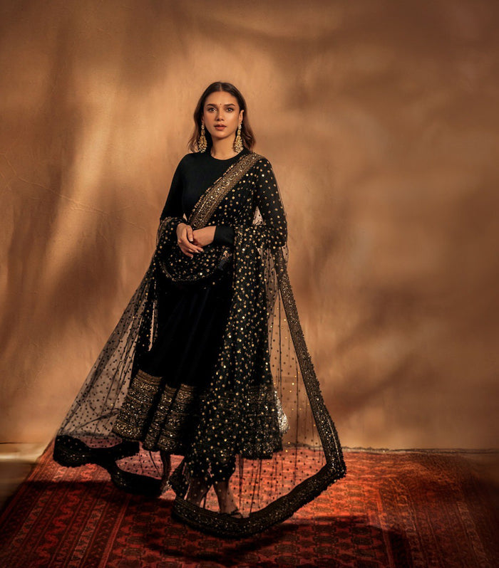 Aditi's Black Colour Embroidered Anarkali Suit Set