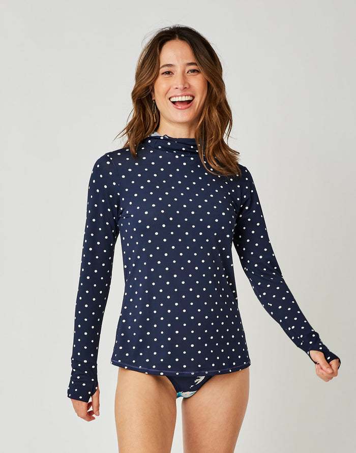 Alani Hooded Sunshirt: Navy Polka Dot - FINAL SALE