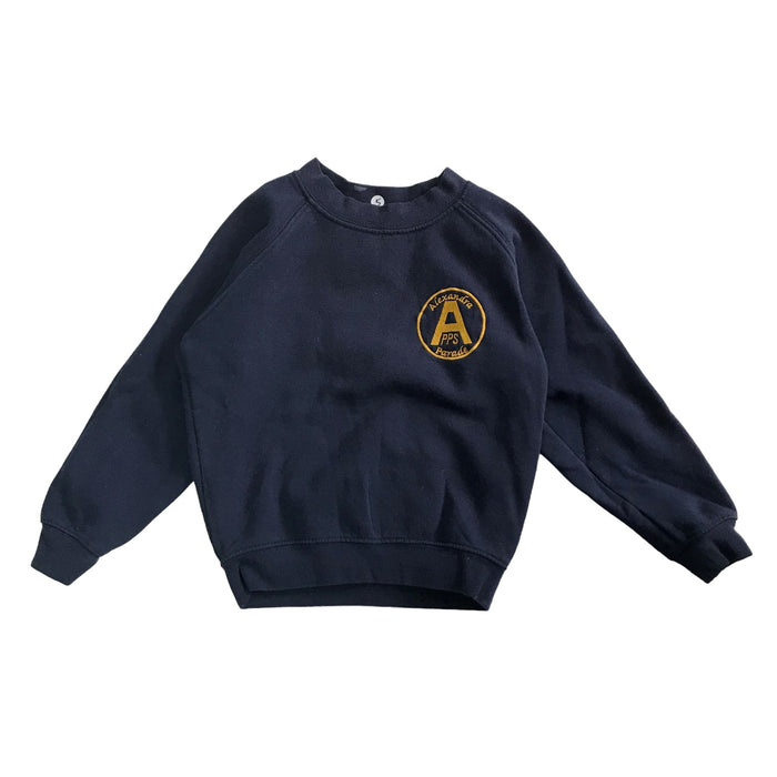 Second-hand Alexandra Parade Primary School navy crewneck sweatshirt, flat lay view with embroidered badge.
