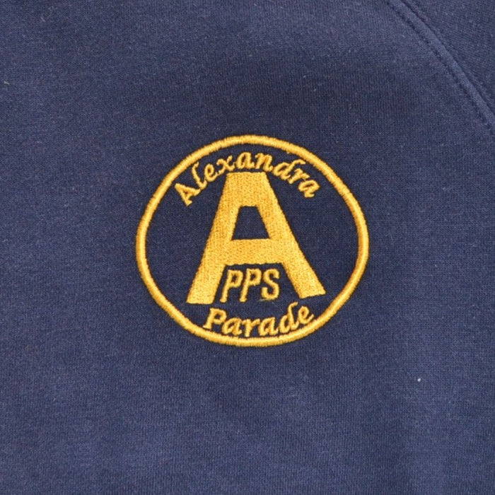 Second-hand Alexandra Parade Primary School navy crewneck sweatshirt, flat lay view with embroidered badge.