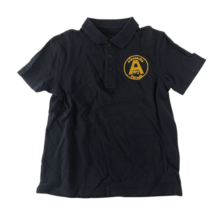 Second-hand Alexandra Parade Primary School navy polo shirt with plain collar and embroidered badge, flat lay view.