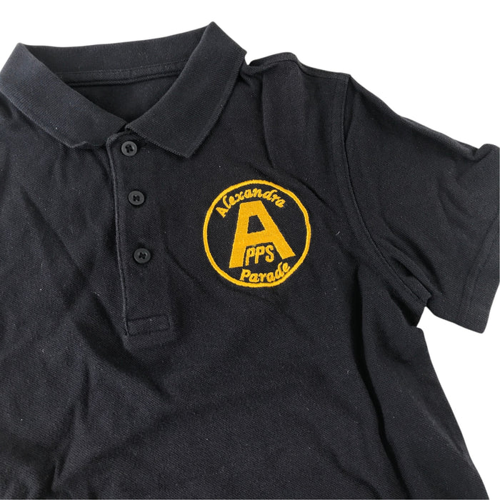 Second-hand Alexandra Parade Primary School navy polo shirt with plain collar and embroidered badge, flat lay view.