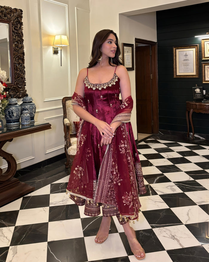 Alveera Premium Quality Maroon Anarkali Suit Set