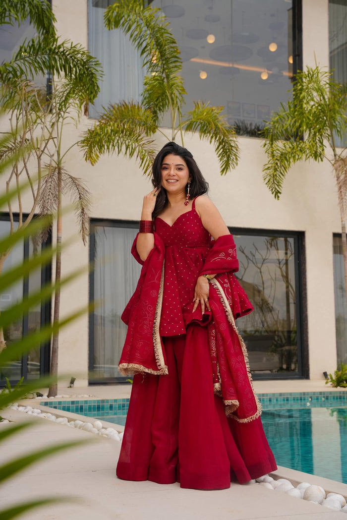 Amazing Organza Mukesh Work Red Color Palazzo Suit
