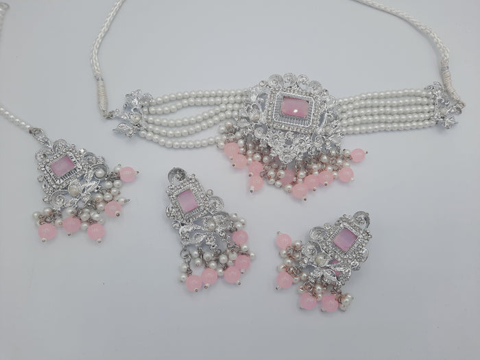 Anarkali Zircon choker set with guluband earrings and teeka in pink color in silver tone - NATASHAHS