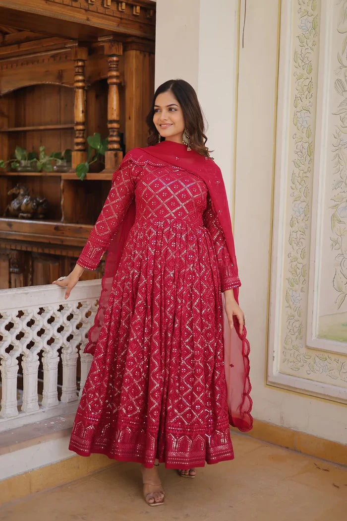 Attractive Pink Color Heavy Embroidered Work Gown With Dupatta