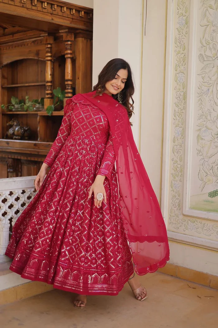 Attractive Pink Color Heavy Embroidered Work Gown With Dupatta