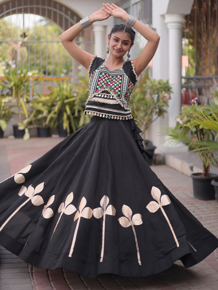 Awesome Black Kutchi Work Silk Navratri Special Lehenga Choli