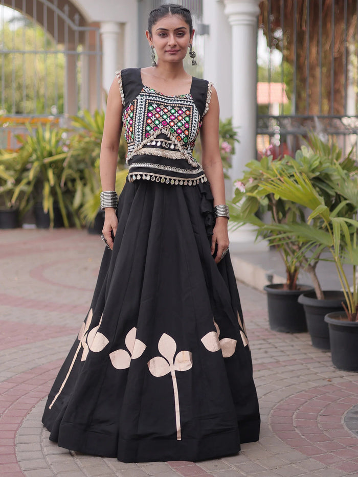 Awesome Black Kutchi Work Silk Navratri Special Lehenga Choli